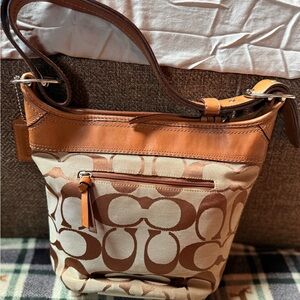 Coach Tan and Brown Monogram Shoulder Bag